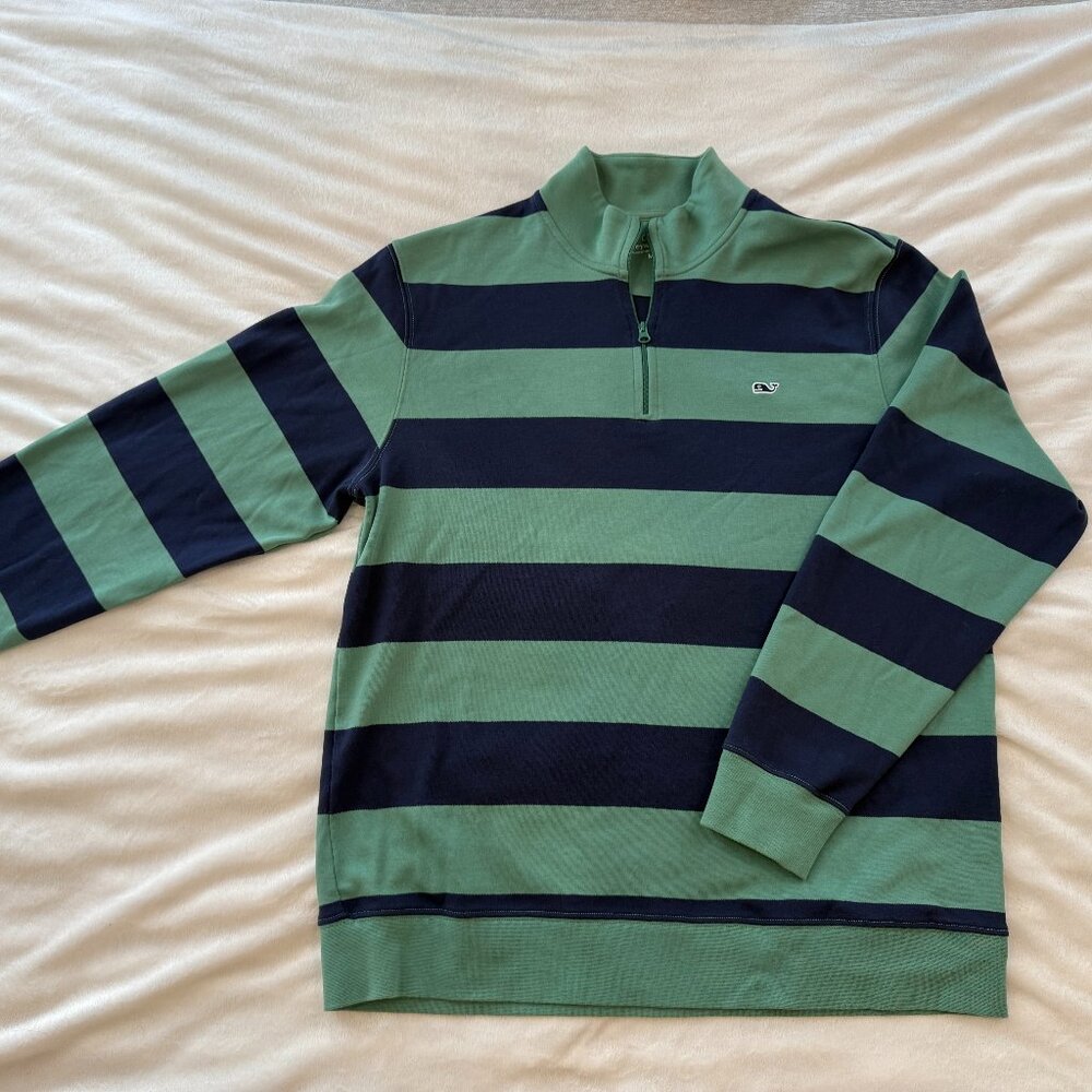Vineyard Vines Men’s Medium Green Navy Stripe Quarter Zip Pullover Whale Logo 10